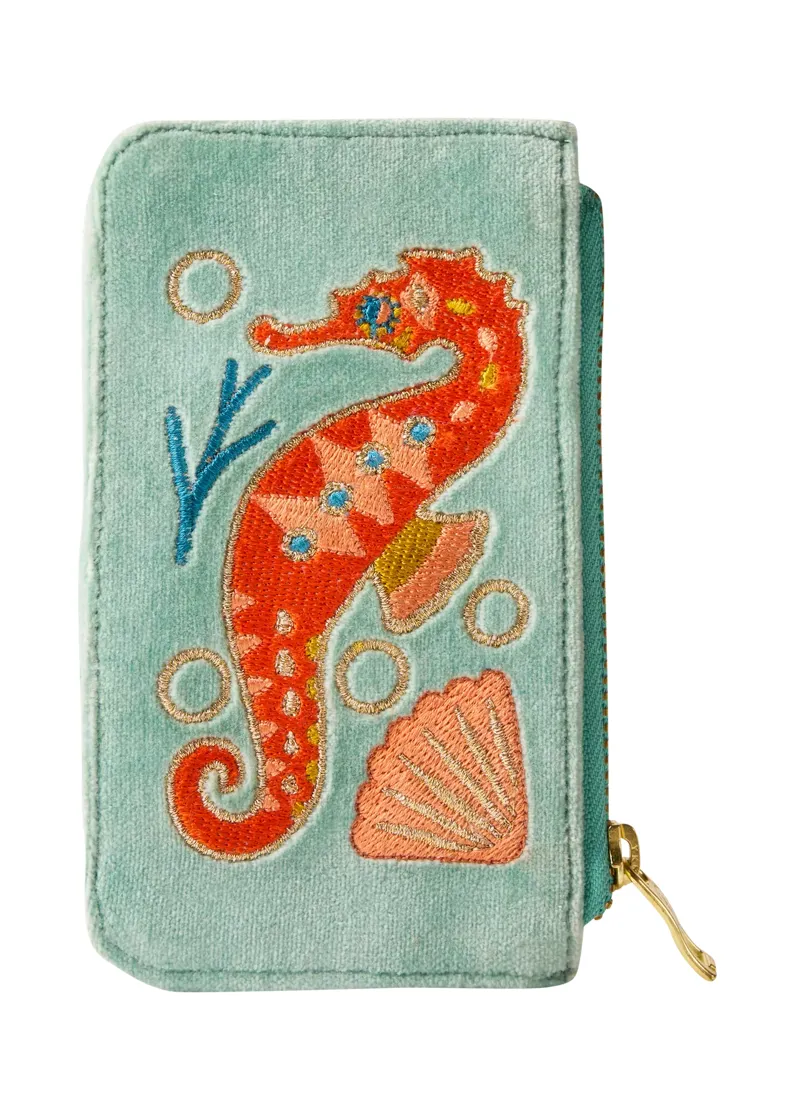 Powder Sparkling Seahorse Velvet Card Holder in Aqua