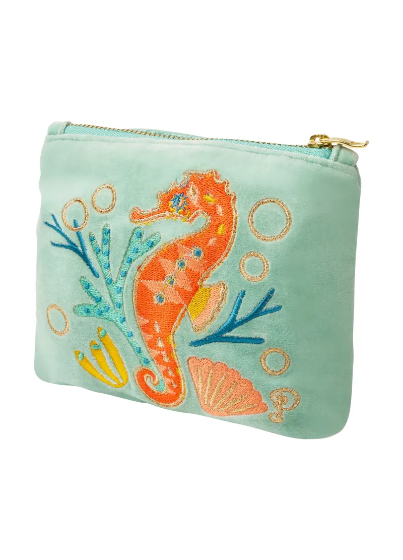 Powder Sparkling Seahorse Velvet Mini Pouch in Aqua
