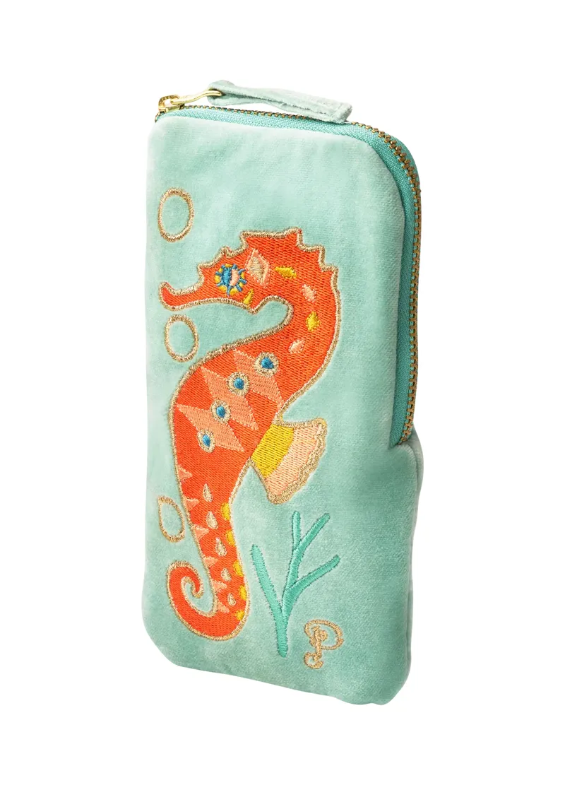Powder Sparkling Seahorse Velvet Sunglasses Pouch in Aqua