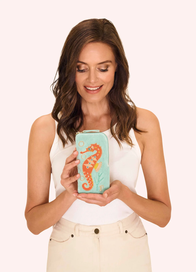 Powder Sparkling Seahorse Velvet Sunglasses Pouch in Aqua-1