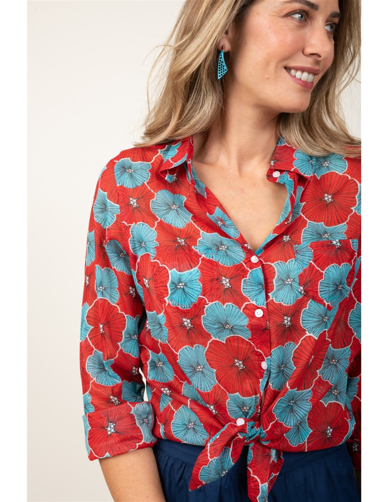 Terre Rouge Cotton Shirt Womens in Fiery Red and Caribbean Blue Flower-1