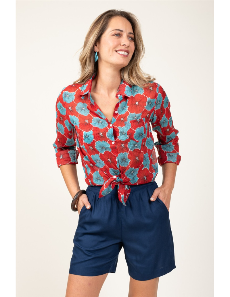Terre Rouge Cotton Shirt Womens in Fiery Red and Caribbean Blue Flower