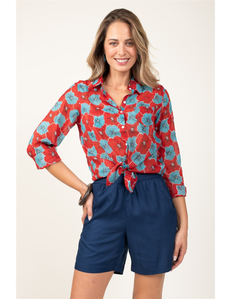Terre Rouge Cotton Shirt Womens in Fiery Red and Caribbean Blue Flower-2