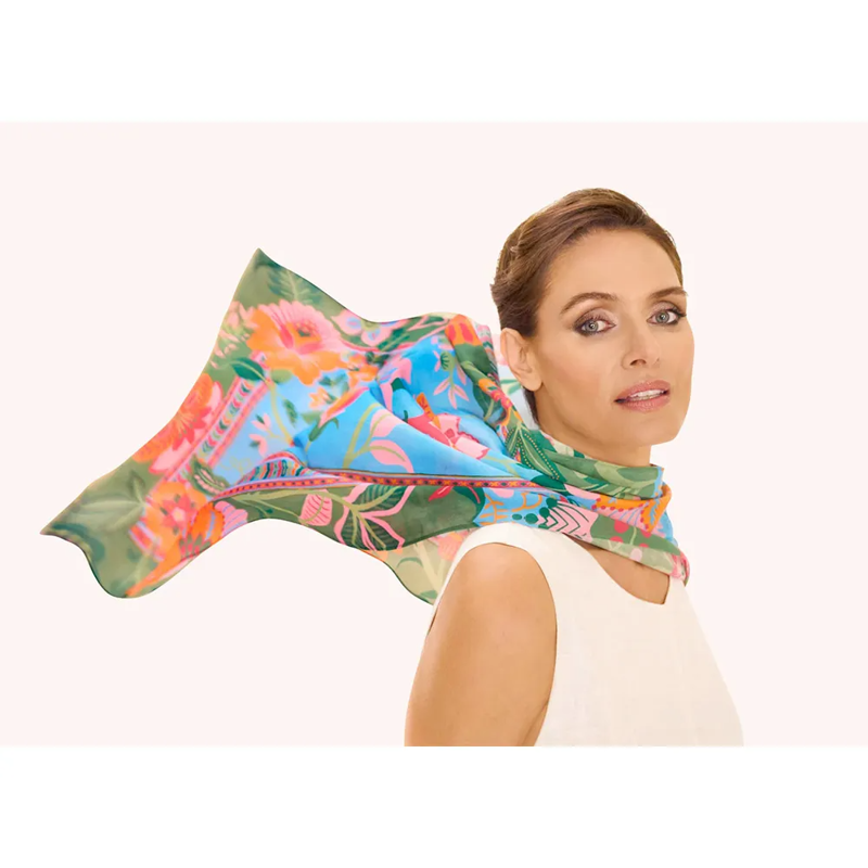 Powder Folky Floral Cotton Scarf in Cornflower-1