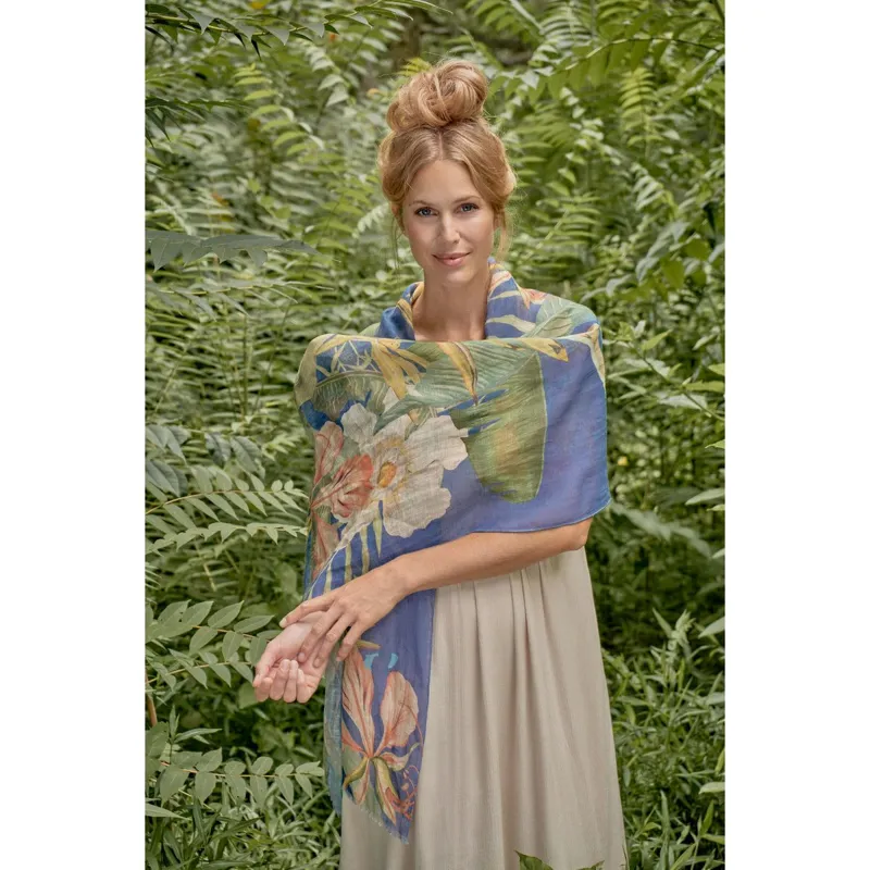 Powder Delicate Tropics Linen Print Scarf in Indigo-1