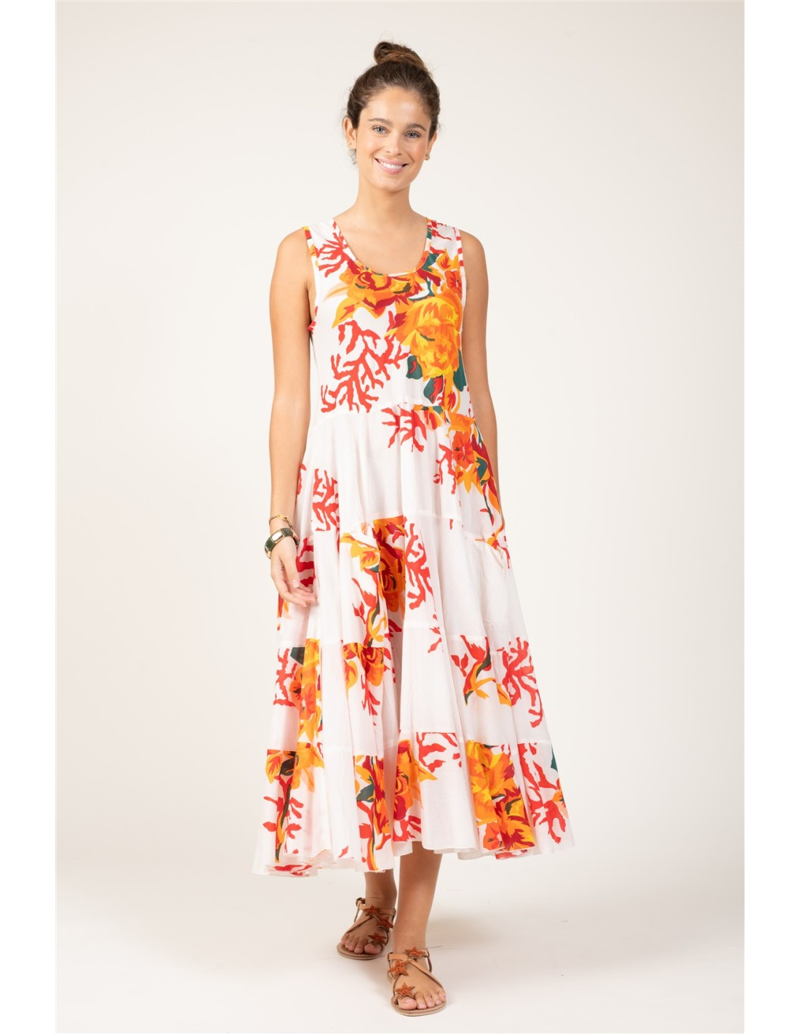 Terre Rouge Loose Cotton Dress in White Flowery Coral-1