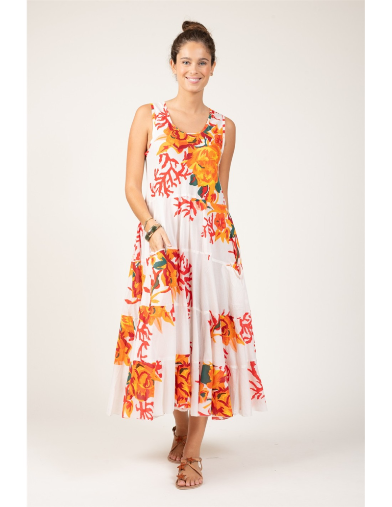 Terre Rouge Loose Cotton Dress in White Flowery Coral