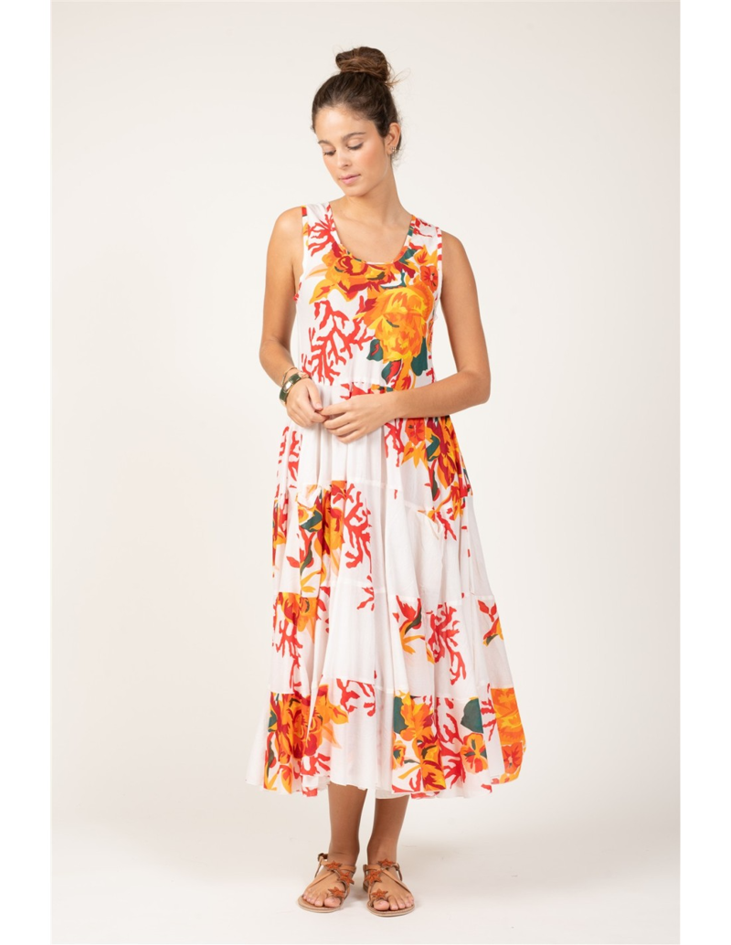 Terre Rouge Loose Cotton Dress in White Flowery Coral-2